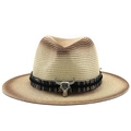 Western straw fedora sun hat with bull skull metal accessory and gradient wide brim - M (56-58cm) / Beige Dark Coffee Gradient Bull Head Style (06)