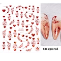 Detail of CB-230 3D nail stickers featuring red hearts and rose patterns on nails - CB-230 Heart Flower Line Style (CB-230) / Red