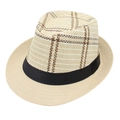 Chapeau Trilby classique en paille avec motif à carreaux et ruban noir sur fond blanc - M(56-58cm) / Carreaux Beige-Tan / Bord Beige Clair (Couleur 2)