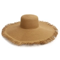Women's bohemian wide-brim straw beach hat with fringe edges and woven texture - One Size / Raw Edge Style / 48cm Fringe Khaki