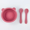 Set pappa per neonati in silicone rosa scuro con ciotola a forma di orso, cucchiaio e forchetta - Set da 2 pezzi orso / Rosso Mattone