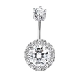 Silver belly button ring with double round zircon halo studs in classic prong setting - Style 2 Silver