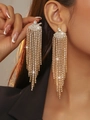 Elegant gold long tassel drop earrings with sparkling rhinestones worn by a model - Gold Multi-row Full Rhinestone Tassel