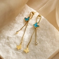 18K gold plated tassel earrings with blue enamel butterfly and zircon accents - Blue Butterfly Tassel Style (44817)