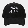 Close-up of DOG MOM embroidery and paw print on black corduroy baseball cap texture - One Size / Black