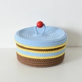 Gevlochten katoenen opbergmand met deksel en blauwe, gele en bruine strepen - 22*12 / Blauw Deksel