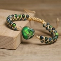 Handmade woven bracelet with heart emperor stone and blue green beads in boho style - Green