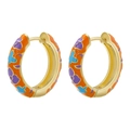 Detail of colorful enamel camellia flower earrings with gold-plated C-shaped design - Orange