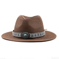 Dettaglio cappello di paglia con fascia etnica ricamata e decorazione in turchese - M (56-58cm) / Marrone
