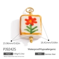 Square stainless steel floral pendant with red and green enamel and golden finish - Square Red and Green Flower Pendant (PJ92425)