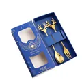 Juego de cuchara y tenedor de acero dorado con diseño de reno en caja de regalo - Juego de 2 Piezas de Cuchara y Tenedor de Alce en Acero 410 (Caja Azul) / Oro