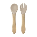 Beige baby feeding set with food-grade silicone spoon and fork with ergonomic wooden handles - Wooden Handle Spoon and Fork Set / Off White
