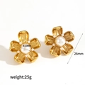 18K gold plated titanium steel flower stud earrings with 9.8mm center pearl - Large Pearl Flower Style (TE60111)