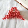 Elegant red checkered acetate ribbon bow hair claw clip for a French minimalist style - 10cm / Red Plaid
