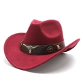 Detailed macro view of burgundy felt cowboy hat with leather band and metal bull head - M (56-58cm) / Burgundy