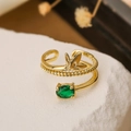 Anello aperto a farfalla dorato con zircone verde e trama a corda su pietra bianca - Stile Pietra Verde Farfalla Dorata (13751)