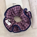 Deep purple and black plaid oversized scrunchie with thick navy contrast piping - Purple Plaid Blue Fur Edge Scrunchie