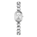 Close-up of a silver oval quartz watch with crystal-encrusted metal link bracelet - Classic Silver