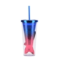 Blue to red gradient mermaid tail straw cup with double-layer plastic and glitter - Type N/Blue Red Gradient