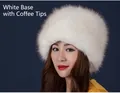 Close-up of thick faux fox fur winter hat in white with coffee tips and flat top design - White with Coffee Tips