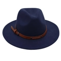 Detail view of navy wool fedora hat featuring a brown leather belt buckle strap - Navy Blue (Two Studs)