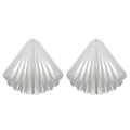 Detailed view of silver shell-shaped stud earrings with fine pleated metal texture - Steel Narrow Shell (WG-1195)