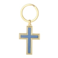 Cross keychain pendant in gold finish with blue carbon fiber inlay detail - Gold Blue Carbon Fiber Cross (KY1197-Z)