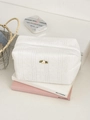 Borsa cosmetica in maglia bianco crema con trama a righe e decorazione floreale - Borsa Ottagonale Rosa Piccola / Bianco