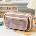 Detail of multi-layer large capacity pencil case with transparent PVC window and zippers - Purple