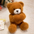 Brauner Plüsch-Teddybär mit weißer Schnauze und Schal in gemütlicher Sitzhaltung - Brauner Herz-Stil