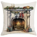Christmas cushion cover with fireplace and stockings print on cream linen fabric - Cozy Christmas Fireplace / 45*45cm Single-sided Linen
