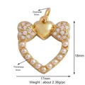 Golden heart-shaped charm with pearls and cubic zirconia, 17mm x 18mm size - White-Bow Pearl Heart