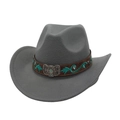 Detailed view of grey wool felt cowboy hat featuring leather band with turquoise embroidery - One Size / Gray