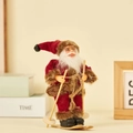 Plush Santa Claus skiing figurine with red velvet suit and wooden skis table ornament - Skiing Style (Burgundy Brown)