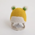 Detail of baby winter knit hat with yellow fabric, plush earflaps and cute frog patches - One Size (Recommended 2-8 Years Old) / Yellow