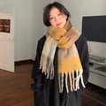 Plaid patchwork scarf in mustard, khaki, and brown with long tassels and thick texture - Ginger Khaki Gray Splicing
