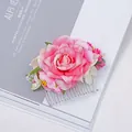 Pink bohemian rose hair comb with silk flowers and green leaves for bridal hair styling - FS09-6 Pink