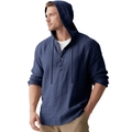 Detalle de sudadera de lino azul marino con solapa de cuatro botones y capucha con cordón - Azul Marino