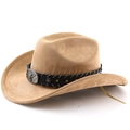 Detail of camel suede cowboy hat with metallic bull head buckle and black whipstitch band - M (56-58cm) / Khaki
