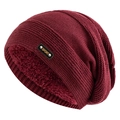 Berretto invernale in maglia bordeaux con fodera in pile e toppa in pelle sport - L(54-60cm) / Borgogna