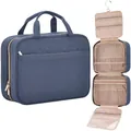 Detail of blue quilted hanging toiletry bag showing internal compartments and metal hook - 27.9*18.8*7.6CM / Blue