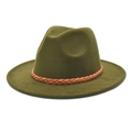 Detail view of olive green wool fedora hat featuring a brown woven leather decorative band - M (56-58cm) / Army Green