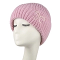 Pink chunky knit beanie for women with elegant bow embroidery on white background - Adult / Pink