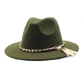 Detail of dark green wool fedora hat featuring gold chain and pearl tassel decoration - M (56-58cm) / Army Green