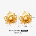 Chic oversized flower stud earrings in gold stainless steel with white pearl center - Polished Flower Earrings
