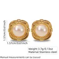 Vintage golden stainless steel square earrings with central pearl inlay for women - Stainless Steel Pearl Square Studs