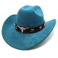 Detail of turquoise suede cowboy hat featuring silver bull head buckle and leather band - M (56-58cm) / Lake Blue