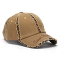 Detail of khaki distressed baseball cap featuring leopard print patches and 3D embroidery - One Size(Adjustable) / Khaki/Leopard