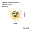 Detail of copper gold plated pendant with sunburst and evil eye zircon setting - P01313-Evil Eye Sun