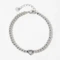 Silver stainless steel beaded bracelet featuring a heart charm with crystal and lobster clasp - Heart Bead Chain (B175) / Silver